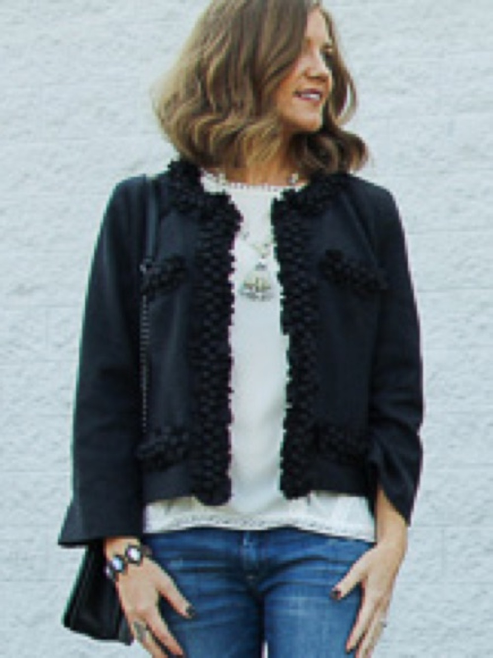 Size 0 J. Crew Wool Blend Charcoal Crop Blazer with Berry/Pom-Pom Trim (ABBA)